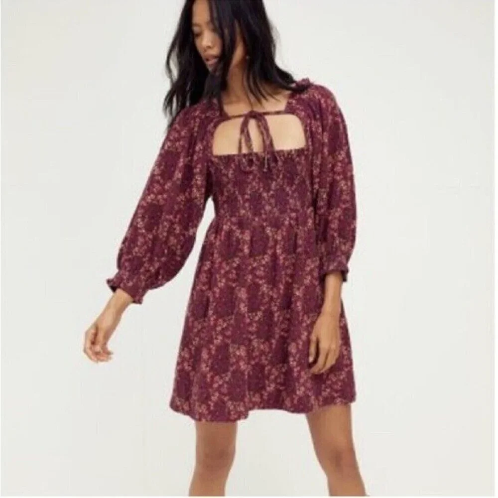 Free People Smocked Mini Dress This Is Everything Black Boho Sz‎ Medium NEW
